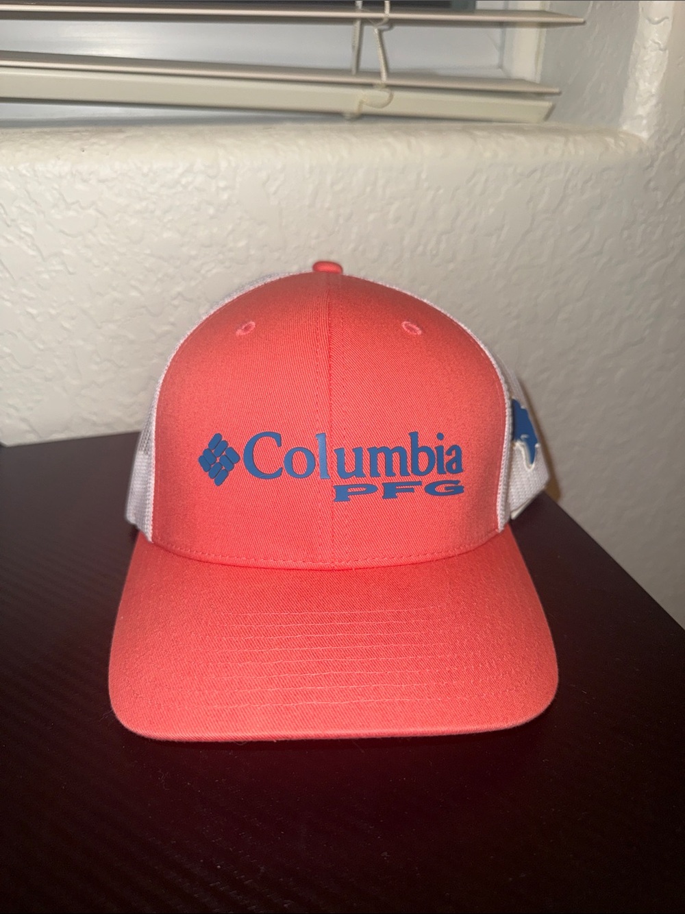 Columbia Coral and White Mesh PFG Cap with Blue Logo